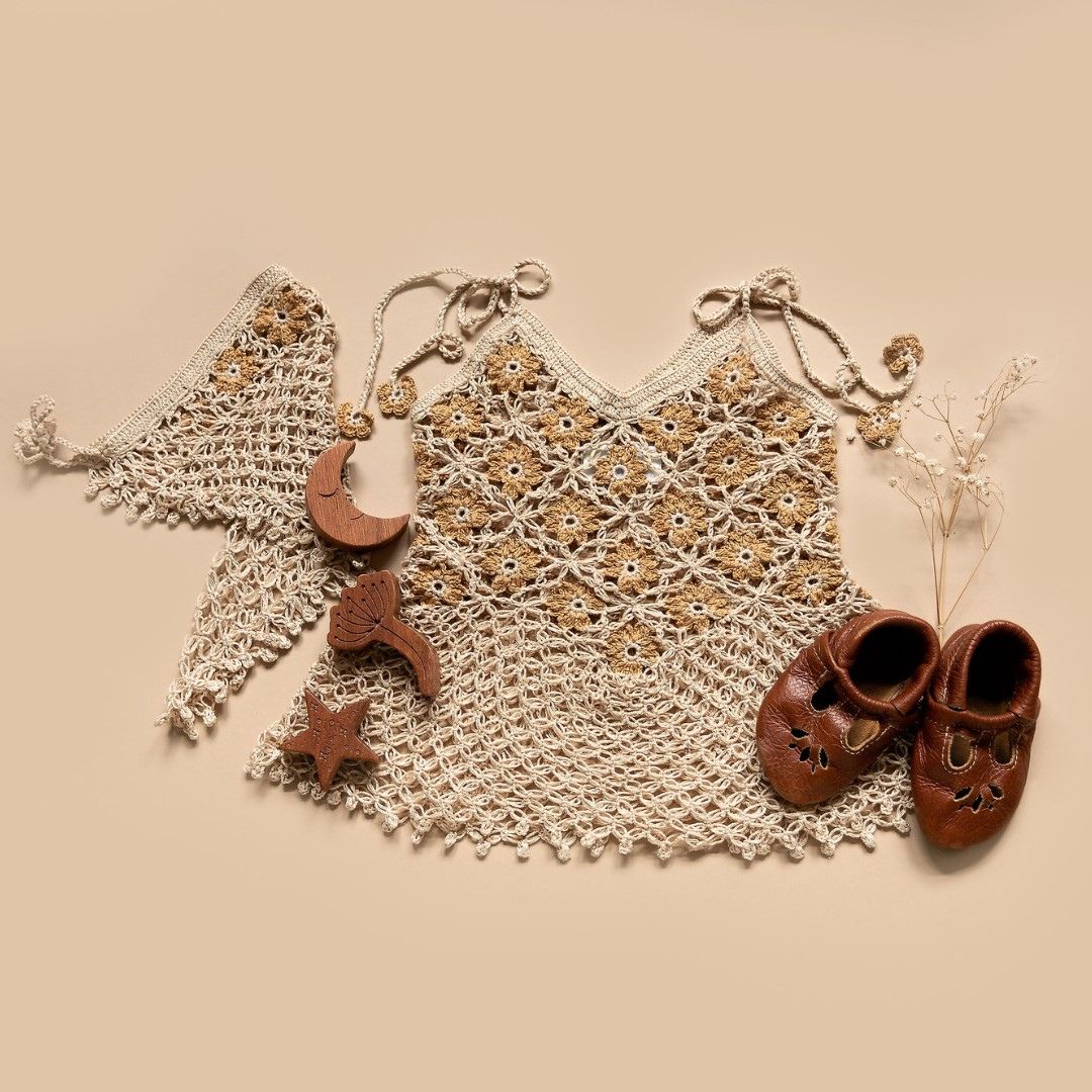 Daisy-Crochet-Top-and-Bandana-Beige-Golden-Mustard