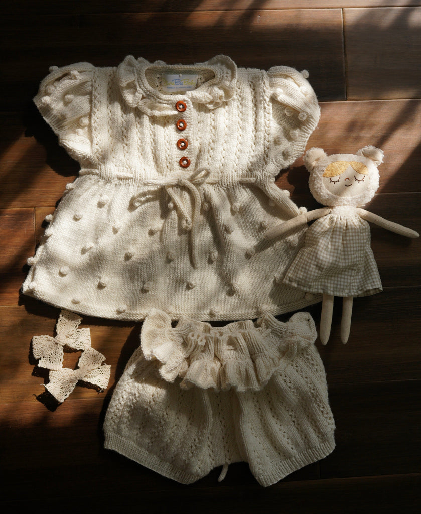 Hand-knit cotton bamboo tunic top and bloomers set for children by JuneBee Baby — sustainable, heirloom quality artisan knitwear.