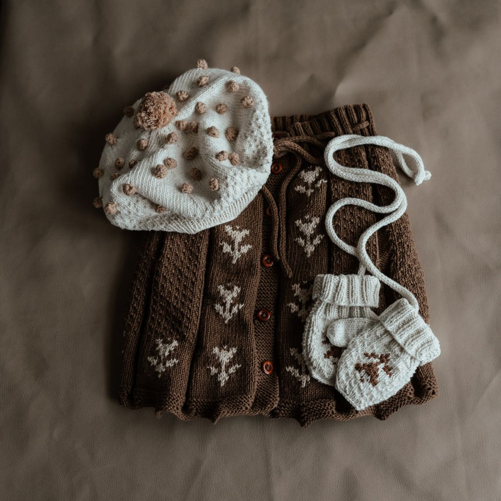 Elsa Skirt, French Beret, and Elsa Mittens - handmade cotton bamboo children's knitwear set