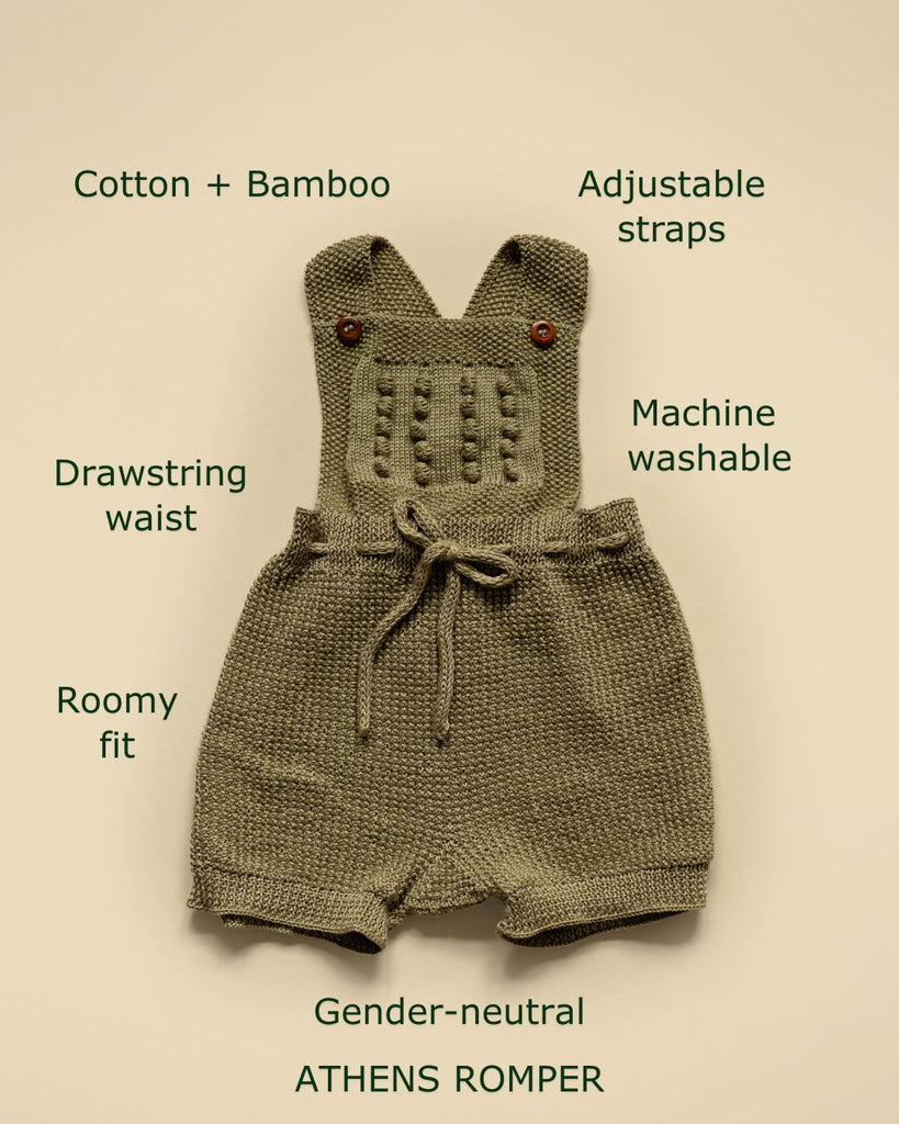 Gender-neutral handmade cotton-bamboo knit romper from JuneBee Baby — seasonless slow fashion for children