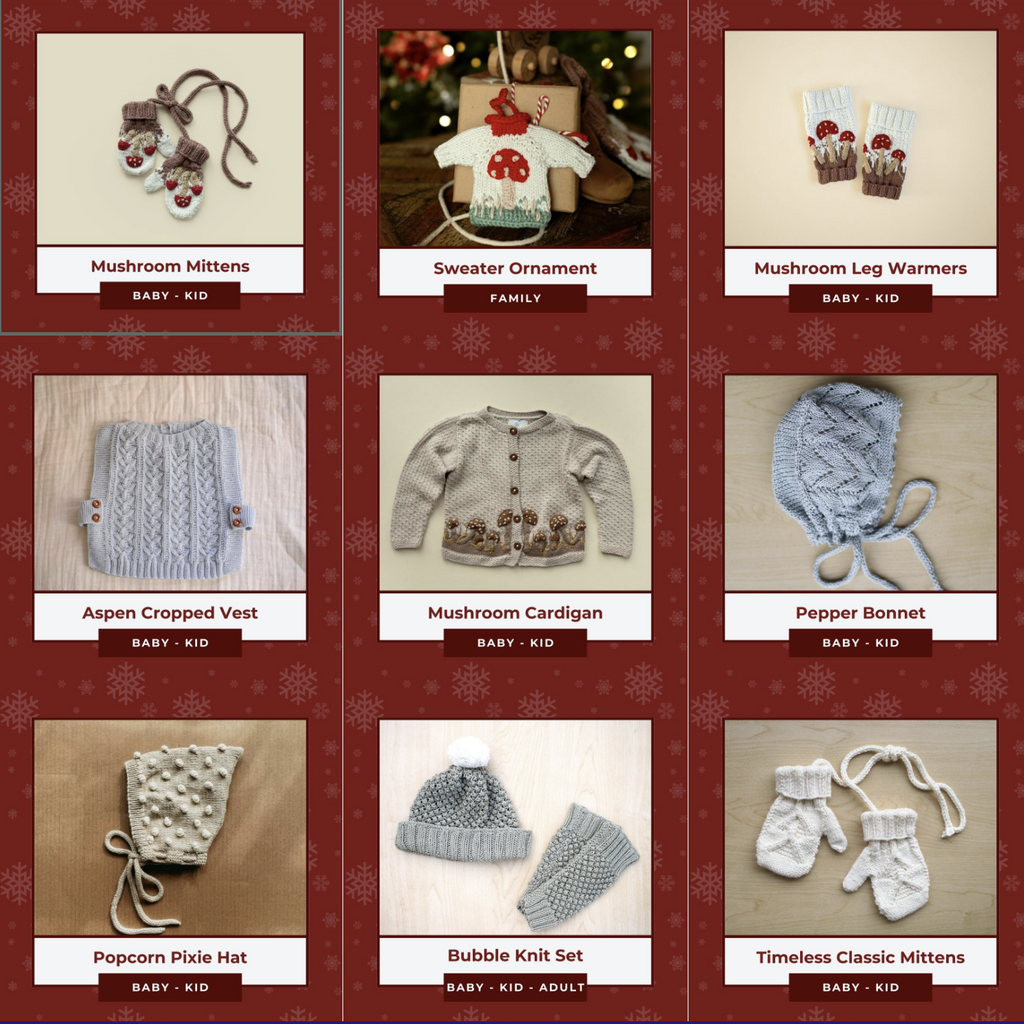 JuneBee Baby gift guide. Handmade cotton bamboo knitwear for babies and kids including mittens, hats, cardigans, and leg warmers