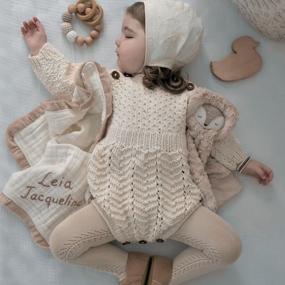 Hand-knit children's romper in soft cotton and bamboo yarn, artisan made by JuneBee Baby