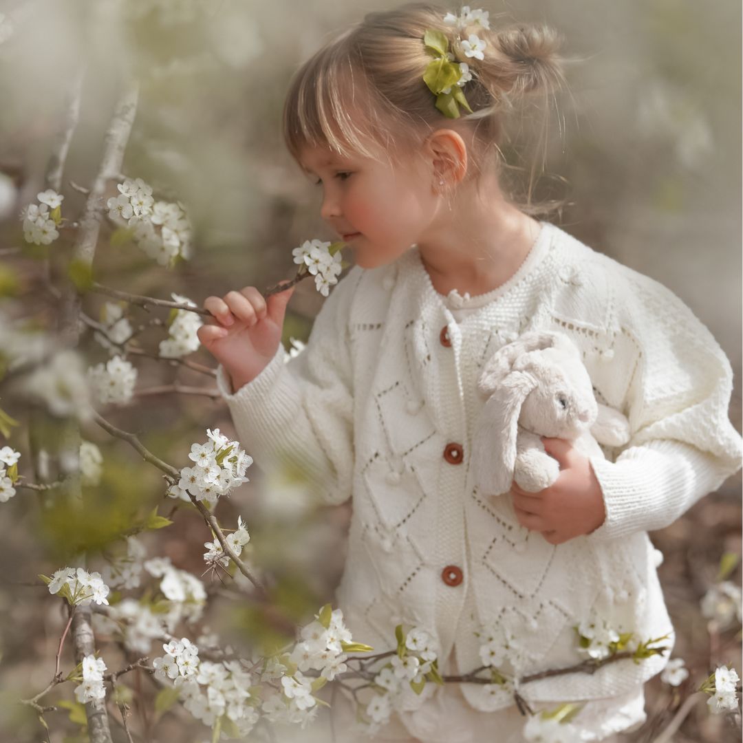 Lace knit Melissa Cardigan with heart motifs and putt sleeves.