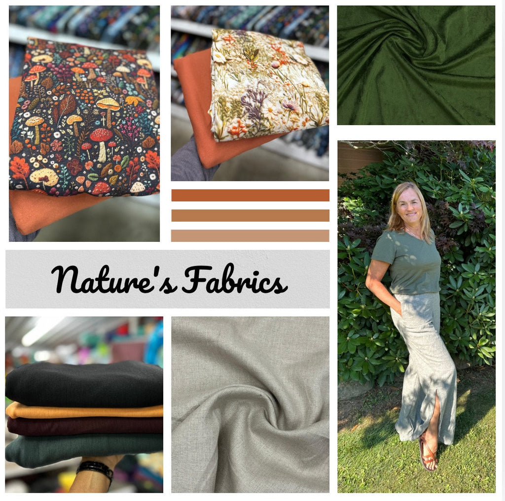 Natural fabric swatches in organic cotton, hemp, and linen — sustainable materials for slow fashion and ethical handmade clothing.