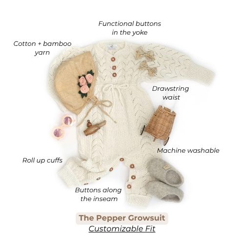 Pepper Growsuit for kids. Handmade cotton bamboo baby bodysuit for everyday comfort
