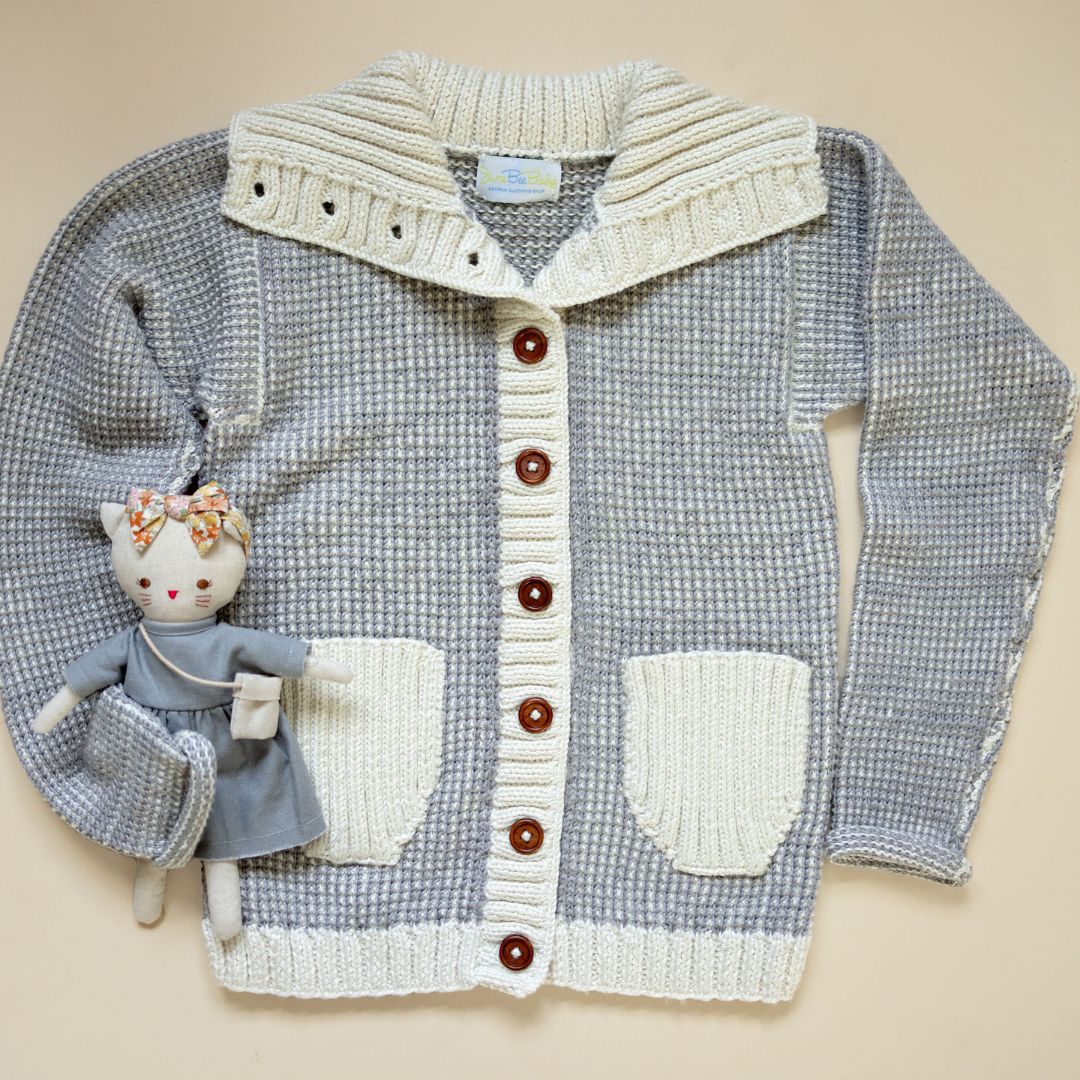 Aria Cardigan cream gray detail view - handmade natural fiber kids cardigan by JuneBee Baby
