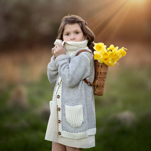 Aria Cardigan pocket detail in cream gray - handmade cotton bamboo cardigan by JuneBee Baby