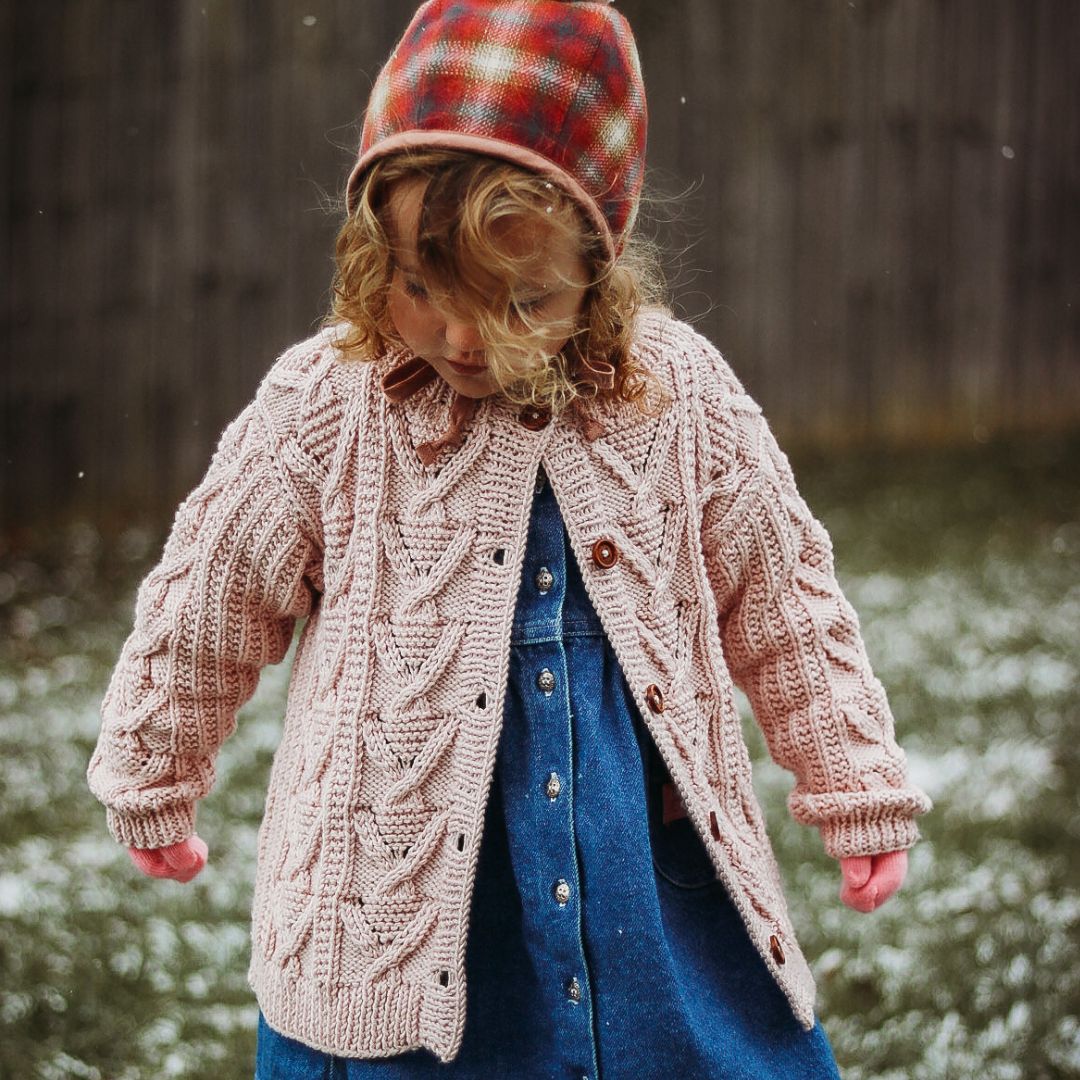 Aspen Cardigan in Blush, hand-knit natural fiber cardigan by JuneBee Baby