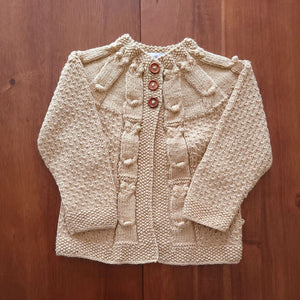 Handmade baby owl cardigan in honey beige - vintage style popcorn knit by JuneBee Baby artisan clothing shop
