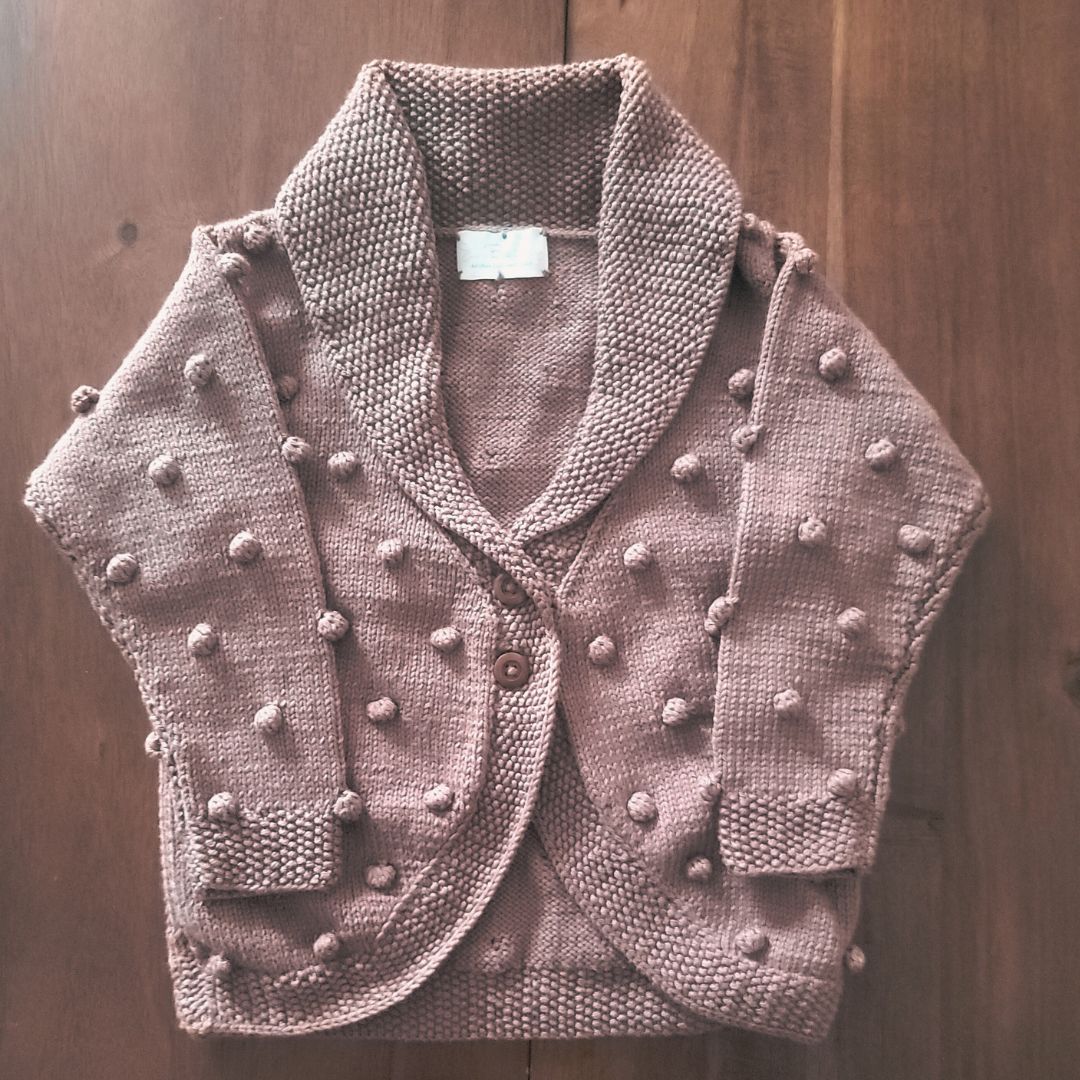 Handmade popcorn stitch shawl collar cardigan in mocha - natural fiber knitwear by JuneBee Baby
