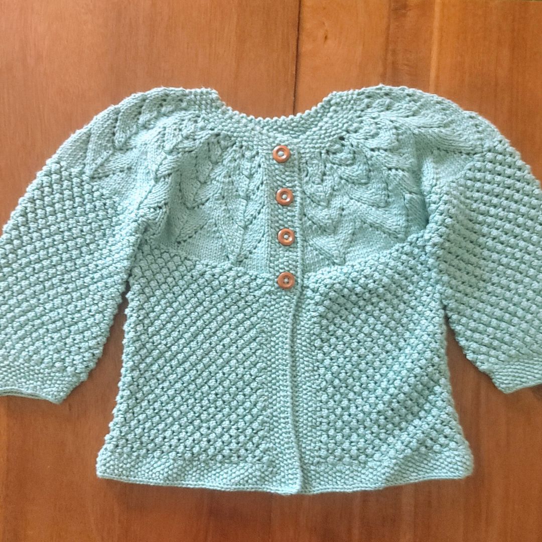 Handmade bubble stitch baby cardigan in cyan - cotton bamboo knit by JuneBee Baby
