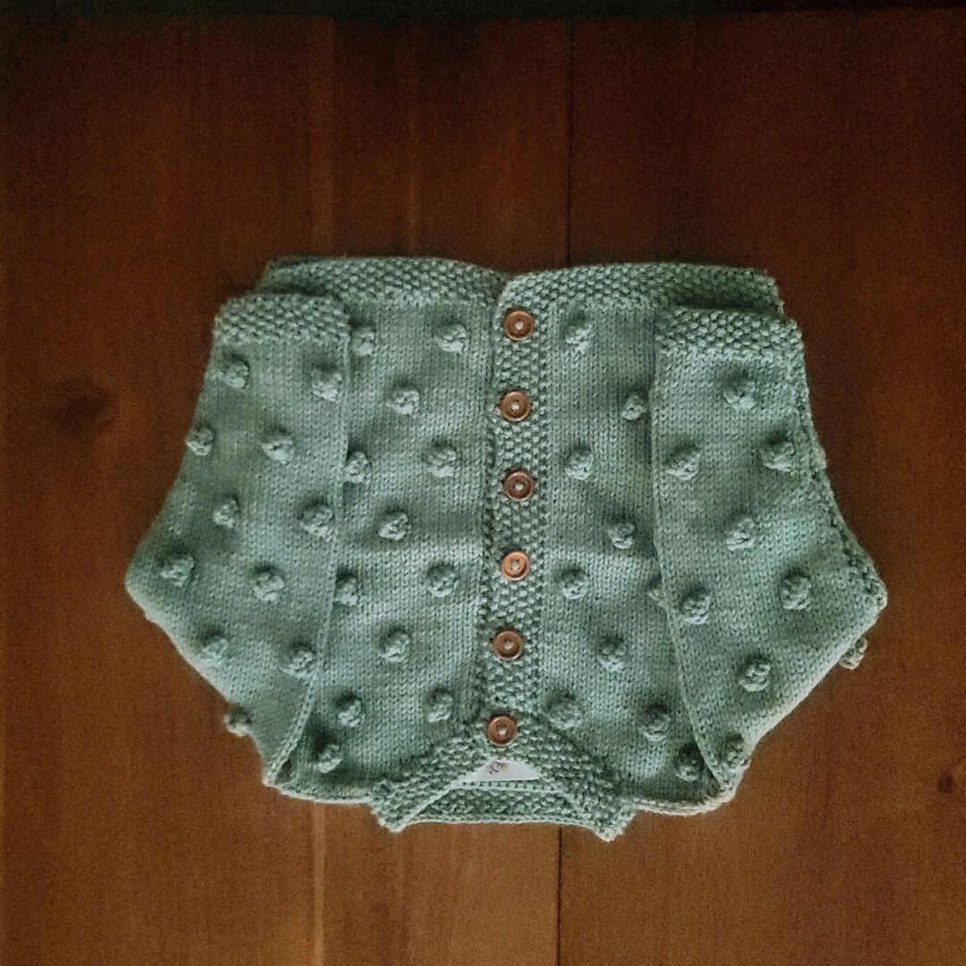 Handmade popcorn knit baby cardigan in sage green - Carrie by JuneBee Baby
