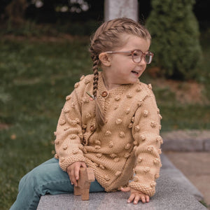 Carrie Cardigan without collar in honey beige - Popcorn knit artisan baby cardigan by JuneBee Baby shop