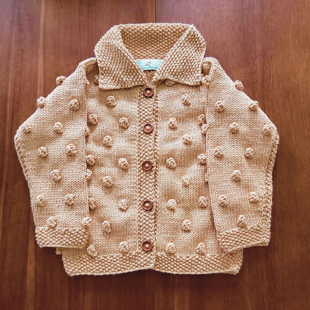 Carrie Cardigan with collar in honey beige - handmade popcorn knit by JuneBee Baby artisan clothing shop
