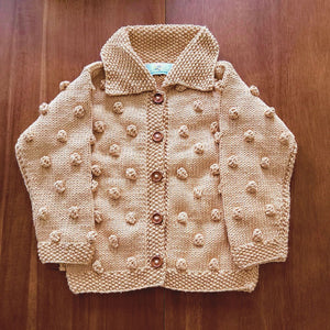 Carrie Cardigan with collar in honey beige - handmade popcorn knit by JuneBee Baby artisan clothing shop
