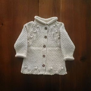 Christine Cardigan in ecru - delicate lace knit with popcorn details by JuneBee Baby