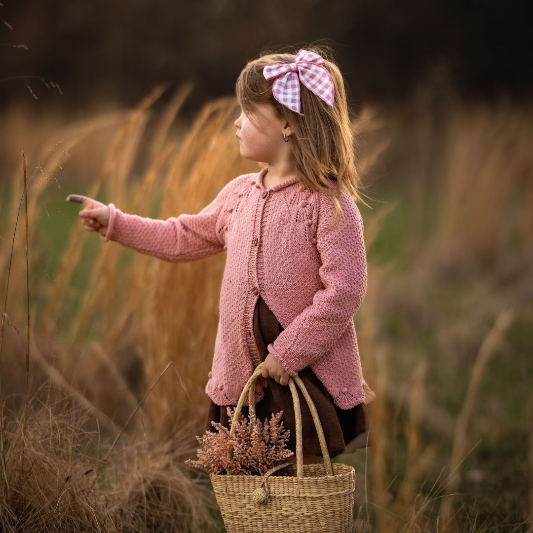 Handmade lace knit baby cardigan in dusty rose with scalloped hem - Christine by JuneBee Baby
