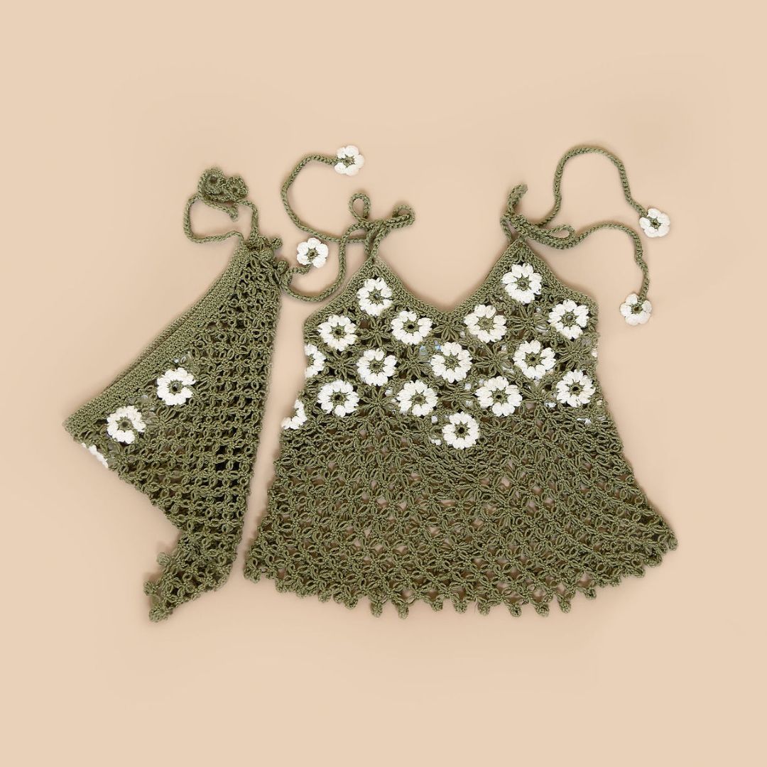 Daisy-Crochet-Top-and-Bandana-Olive-Green-Cream