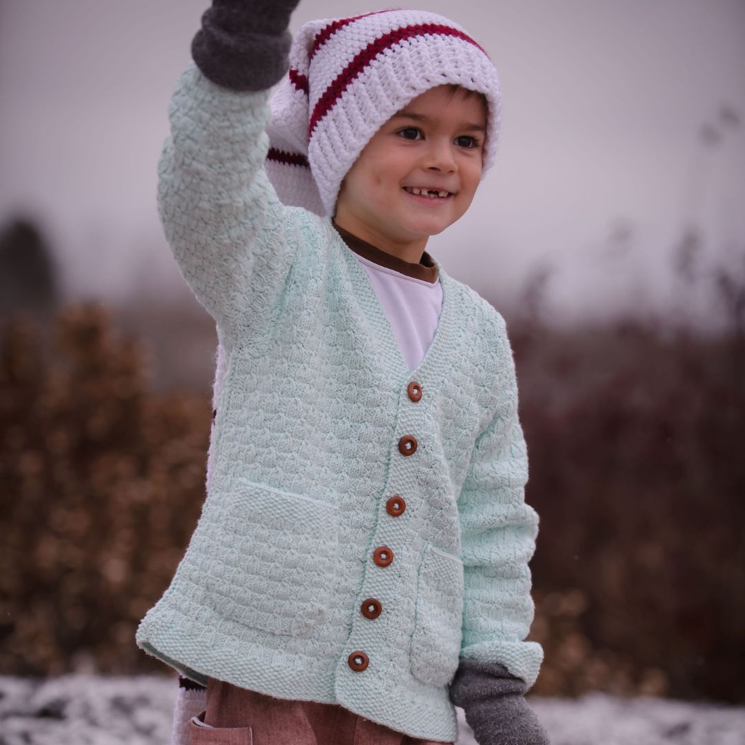 Hand-knit cotton bamboo cable cardigan in Light Mint – made-to-order baby & kids knitwear
