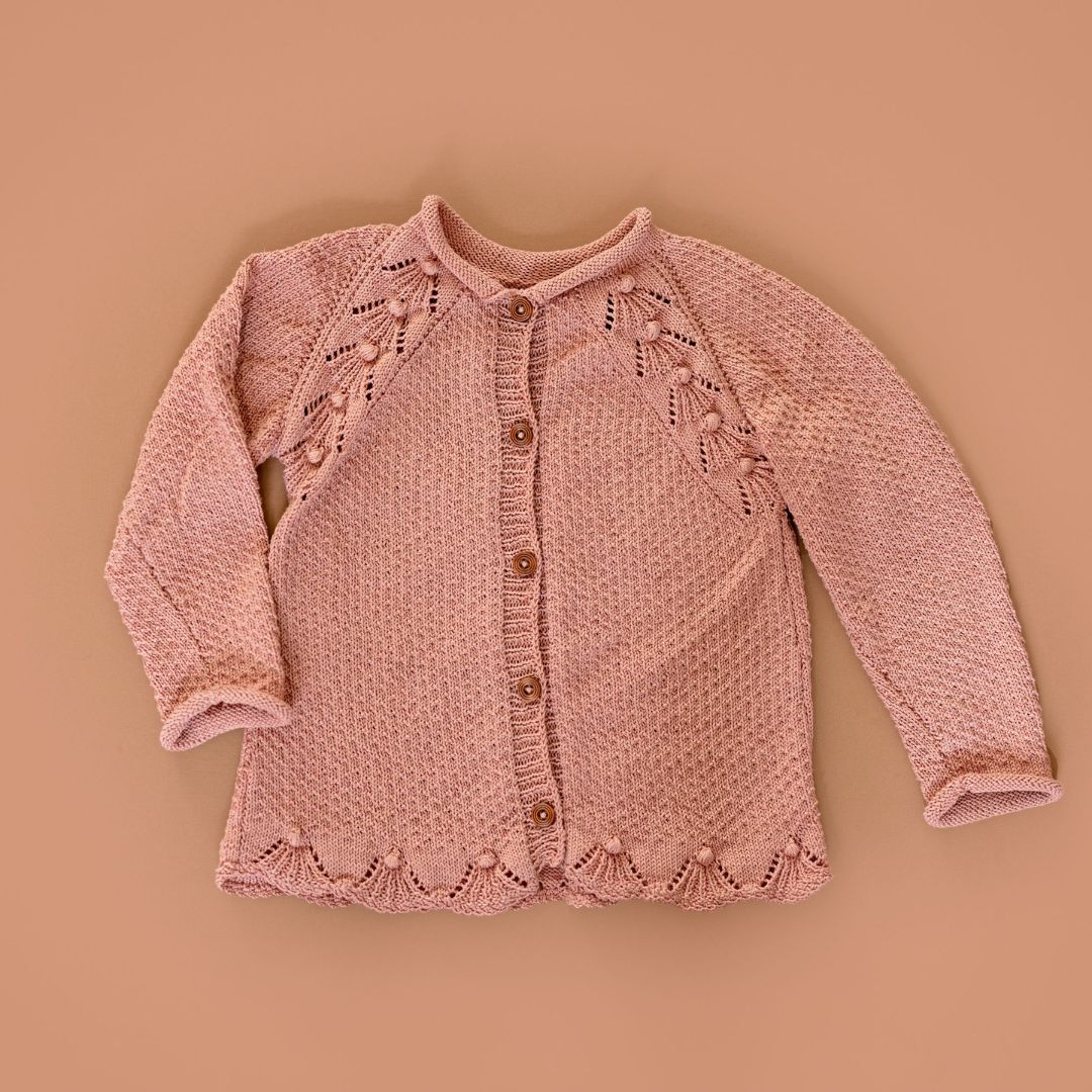 Dusty rose Christine Cardigan - vintage scalloped hem lace knit by JuneBee Baby artisan clothing shop
