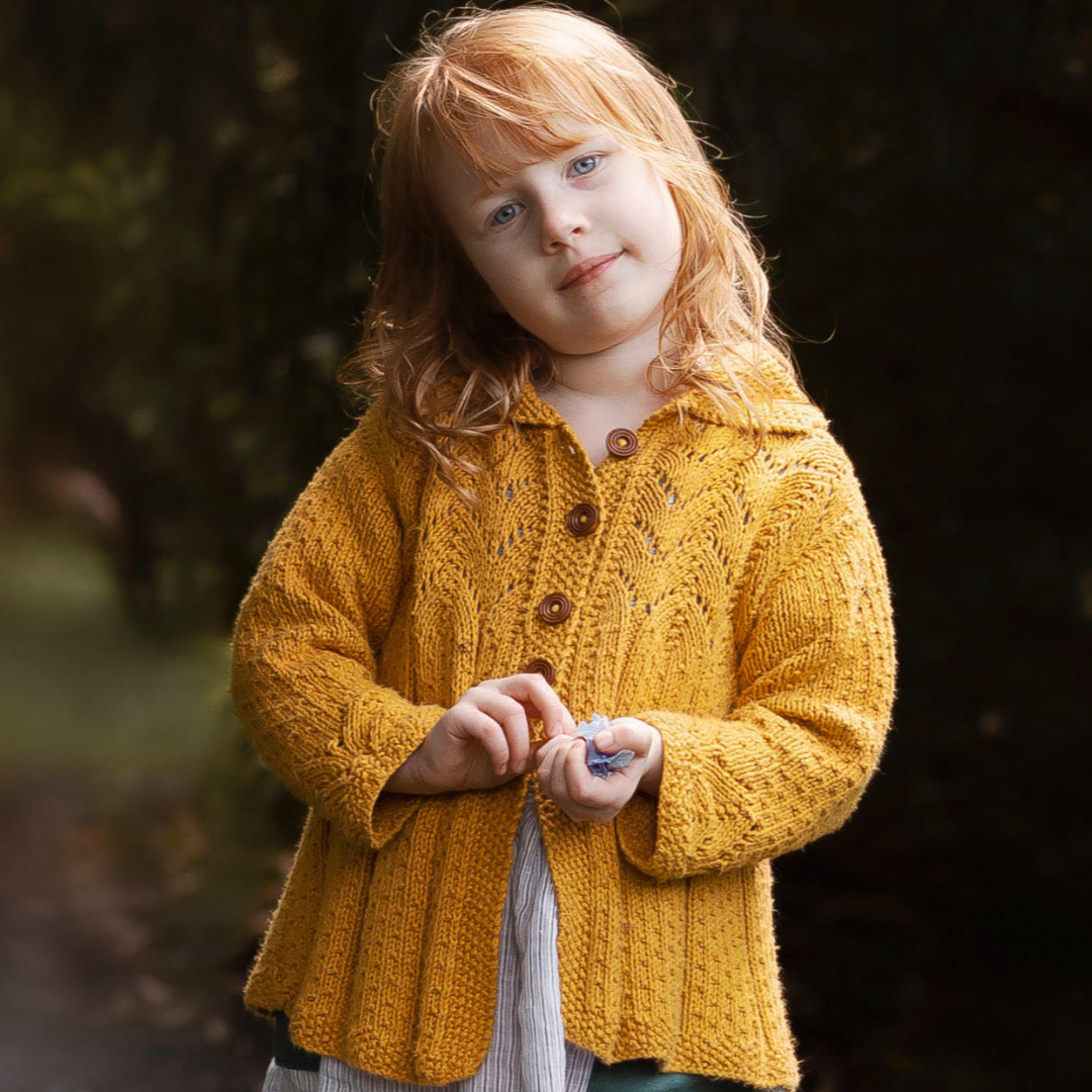Hand-knit lace knit collared cardigan in Mustard – made-to-order cotton bamboo baby & kids
