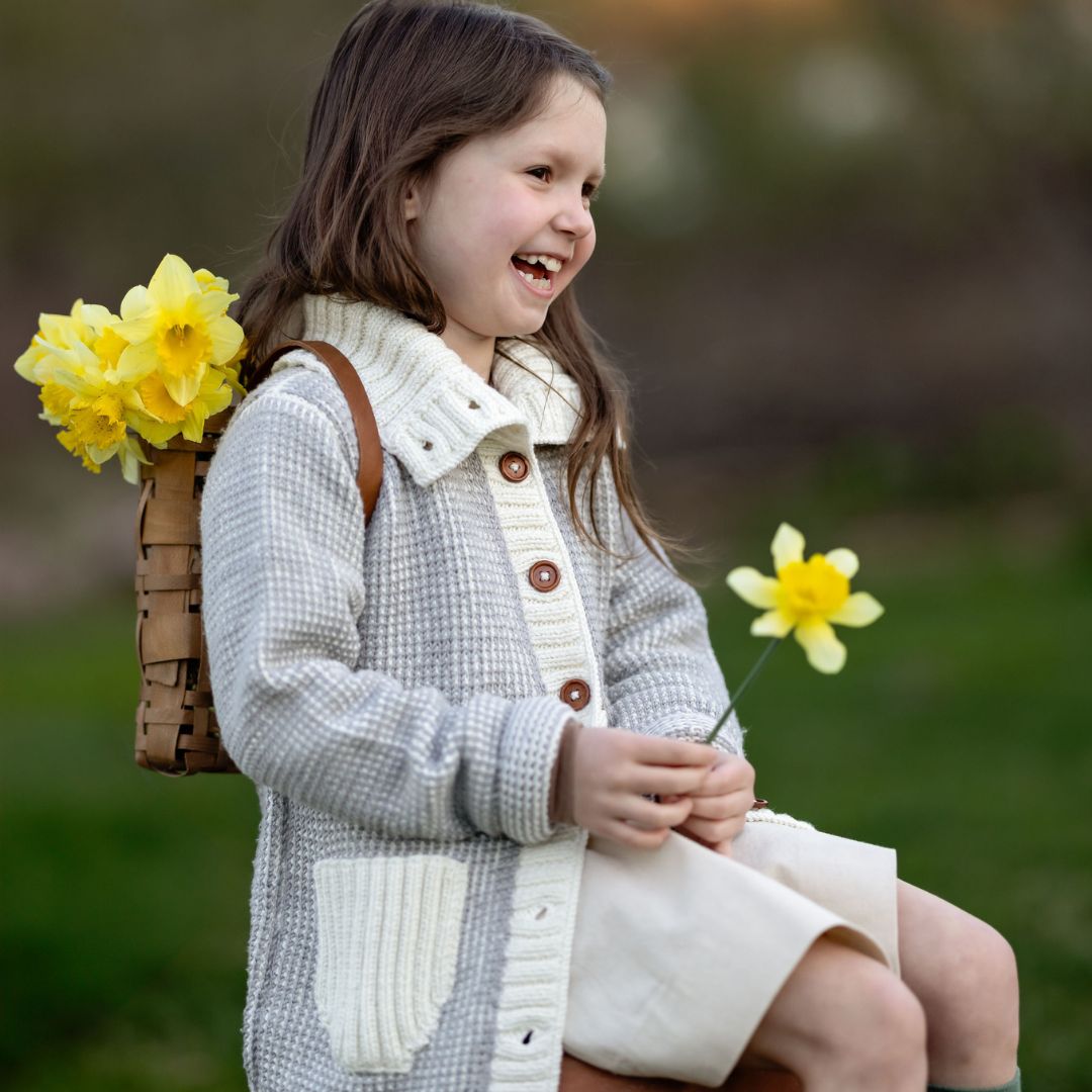 Gender-neutral Aria Cardigan in cream gray - cotton bamboo knit by JuneBee Baby