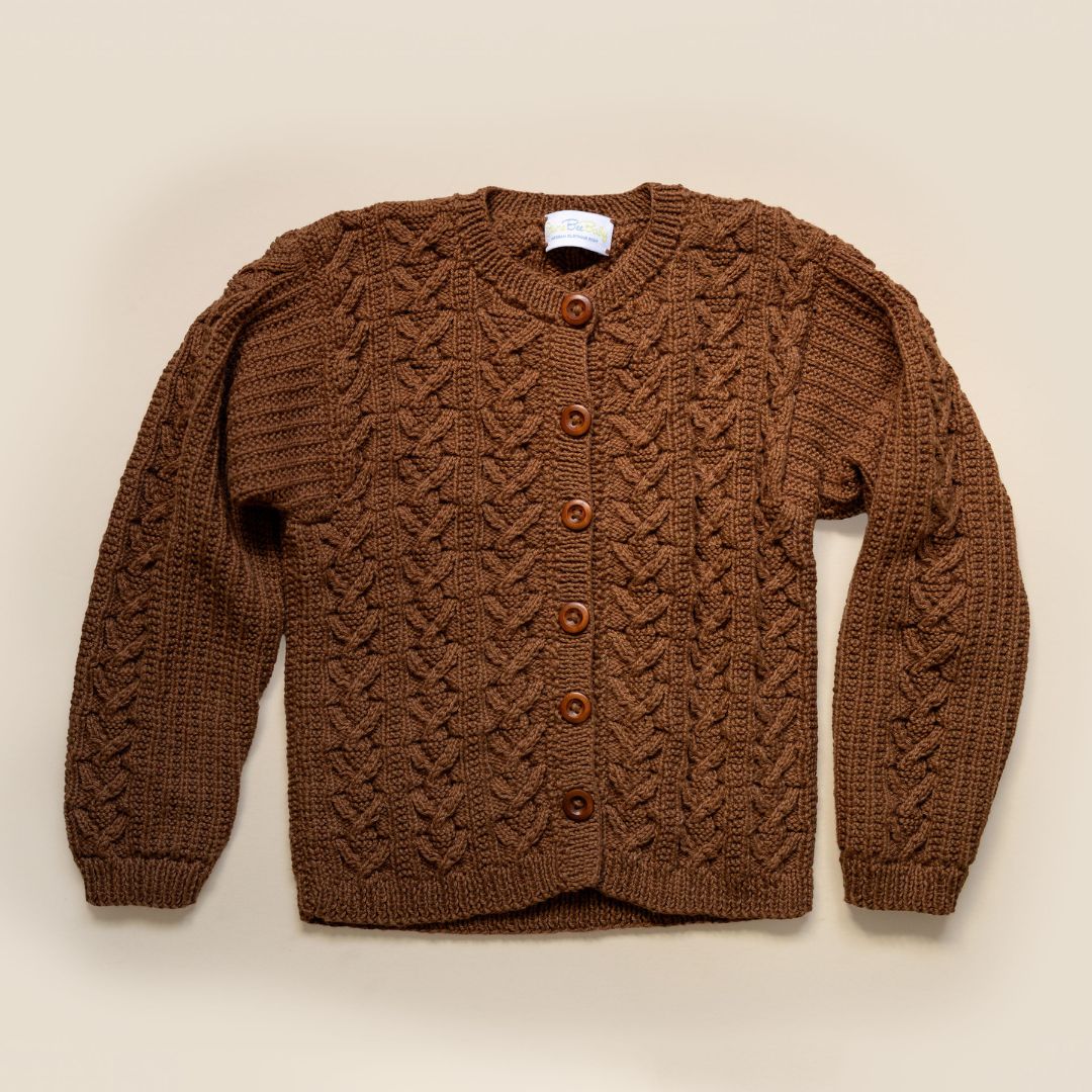 Gender-neutral Aspen Cardigan, hand-knit natural fiber kids cardigan by JuneBee Baby