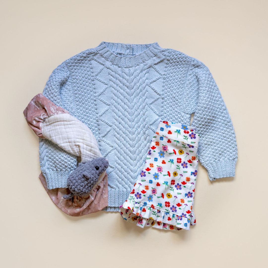 Troy Pullover lifestyle photo, natural fiber hand-knit pullover by JuneBee Baby