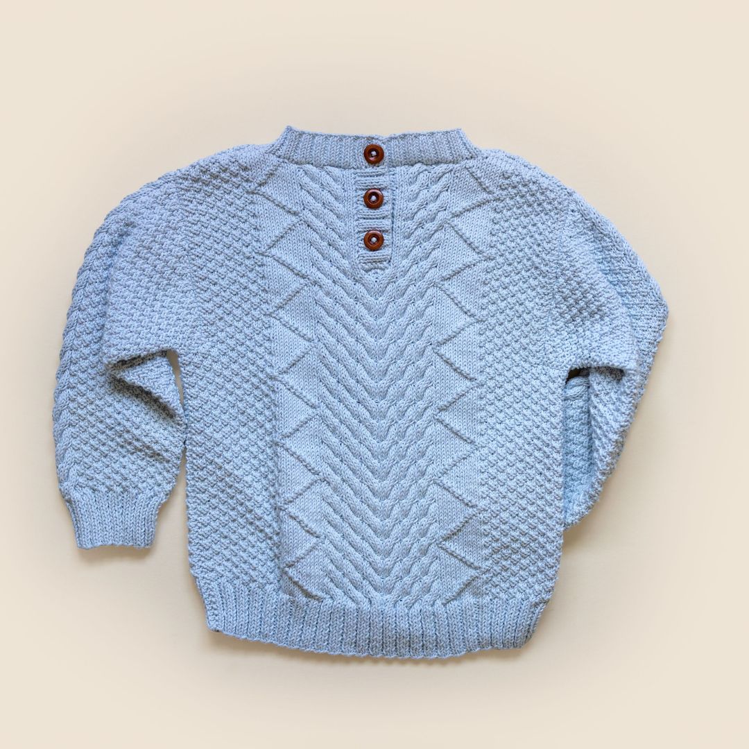 Wooden back buttons on the Troy Pullover, hand-knit kids pullover by JuneBee Baby
