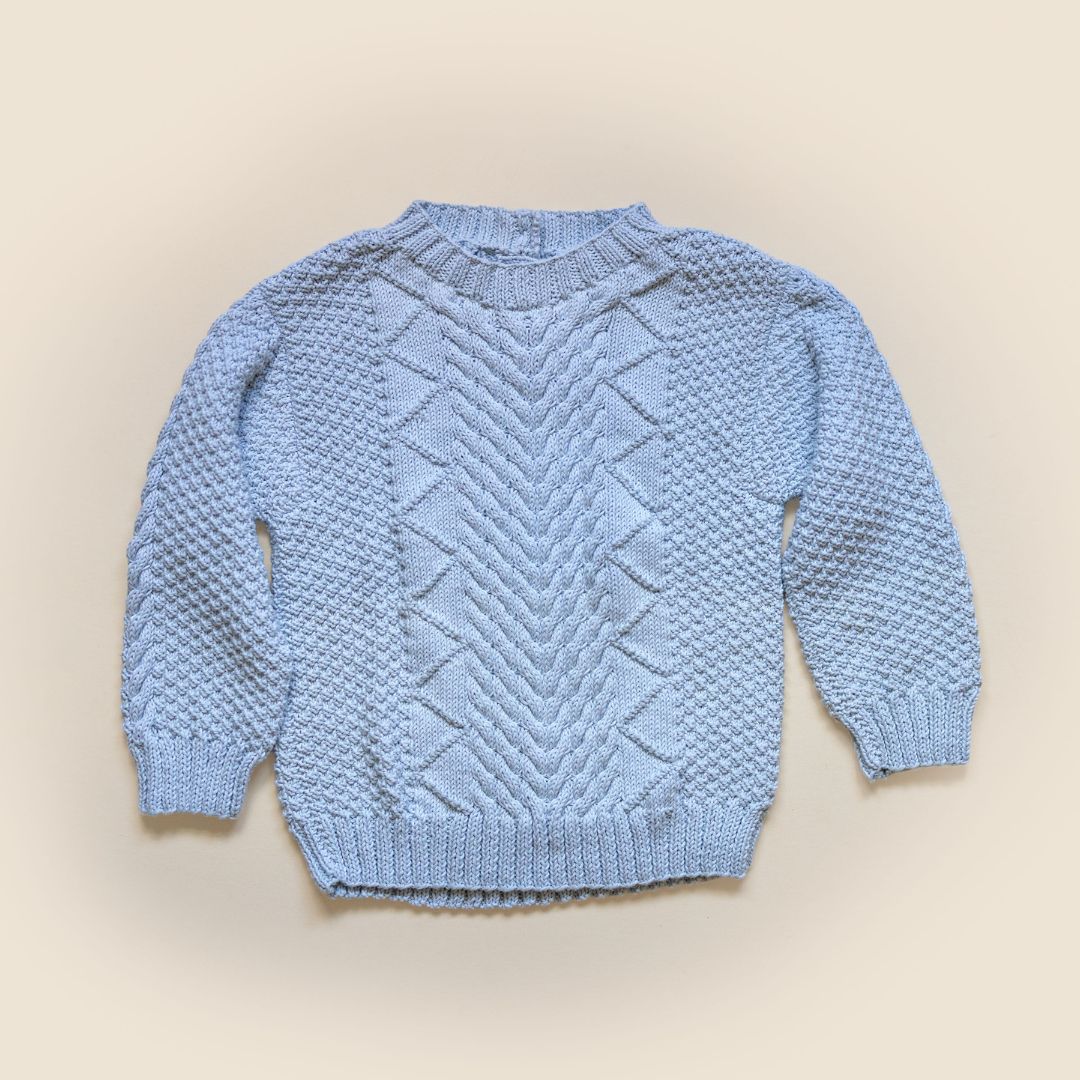Gender-neutral Troy Pullover, hand-knit in natural fibers by JuneBee Baby