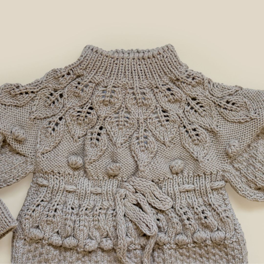 Shirley Romper in Light Clay - Popcorn Stitch Knit Detail | JuneBee Baby