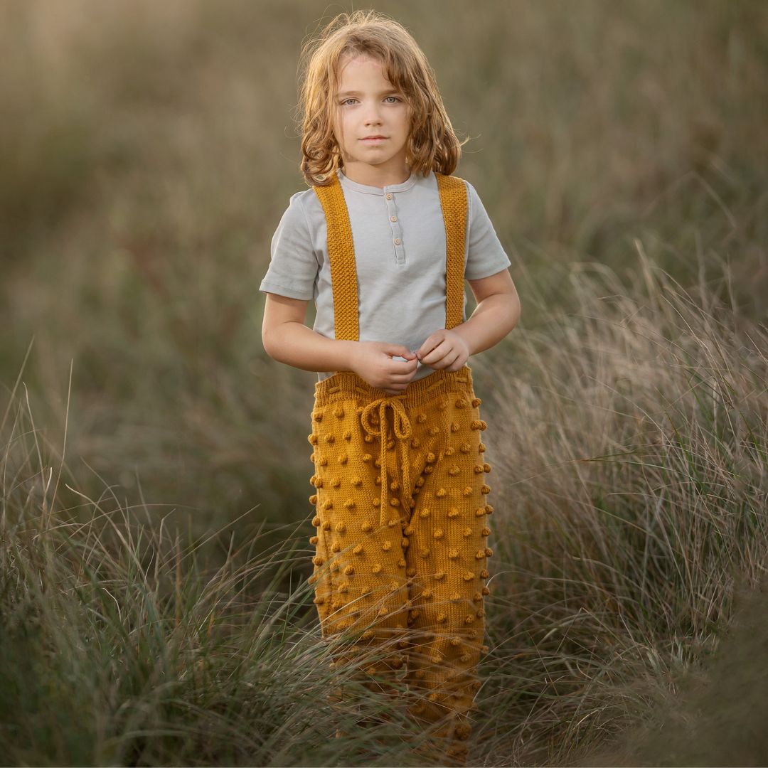 Henley Suspender Pants in Mustard - hand-knit popcorn stitch baby pants by JuneBee Baby
