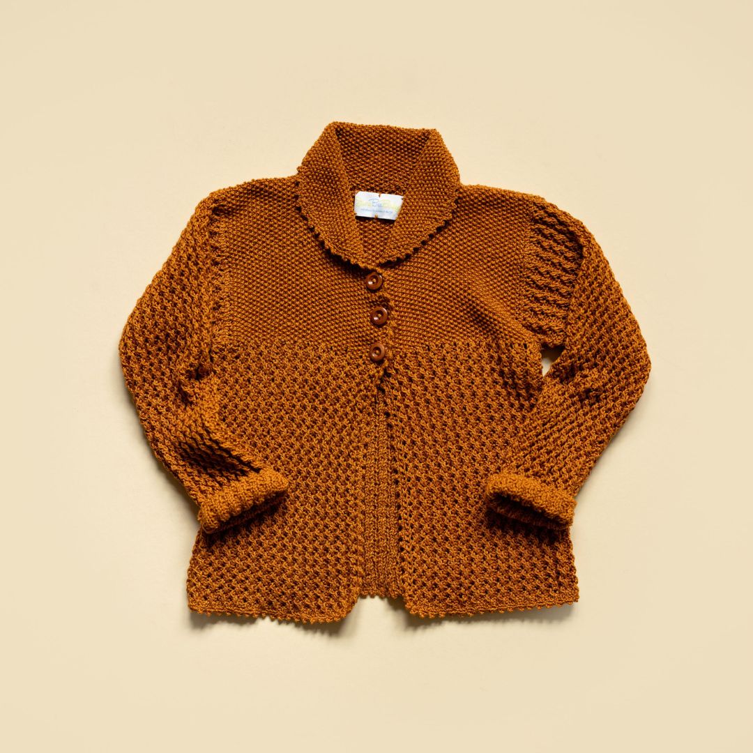 Handmade zigzag lace knit baby cardigan in cinnamon - Adele by JuneBee Baby