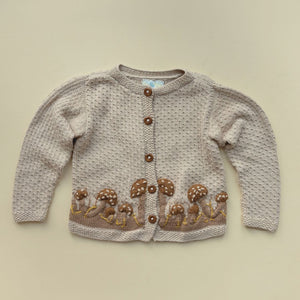 Hand-knit mushroom cardigan in light oatmeal cotton bamboo for kids and toddlers.