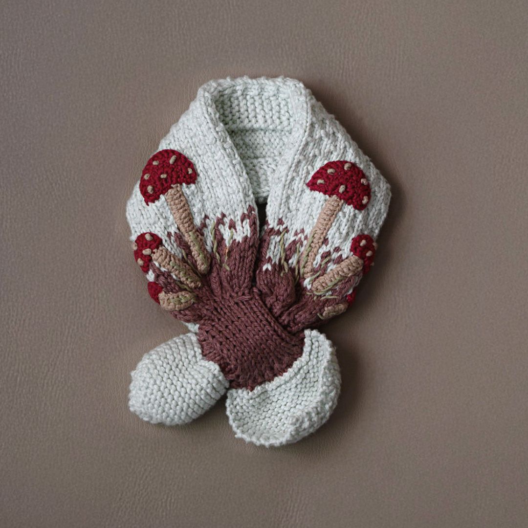 Flat lay of hand-knit mushroom neck scarf in creamy light green cotton bamboo, kids mushroom accessories by JuneBee Baby.