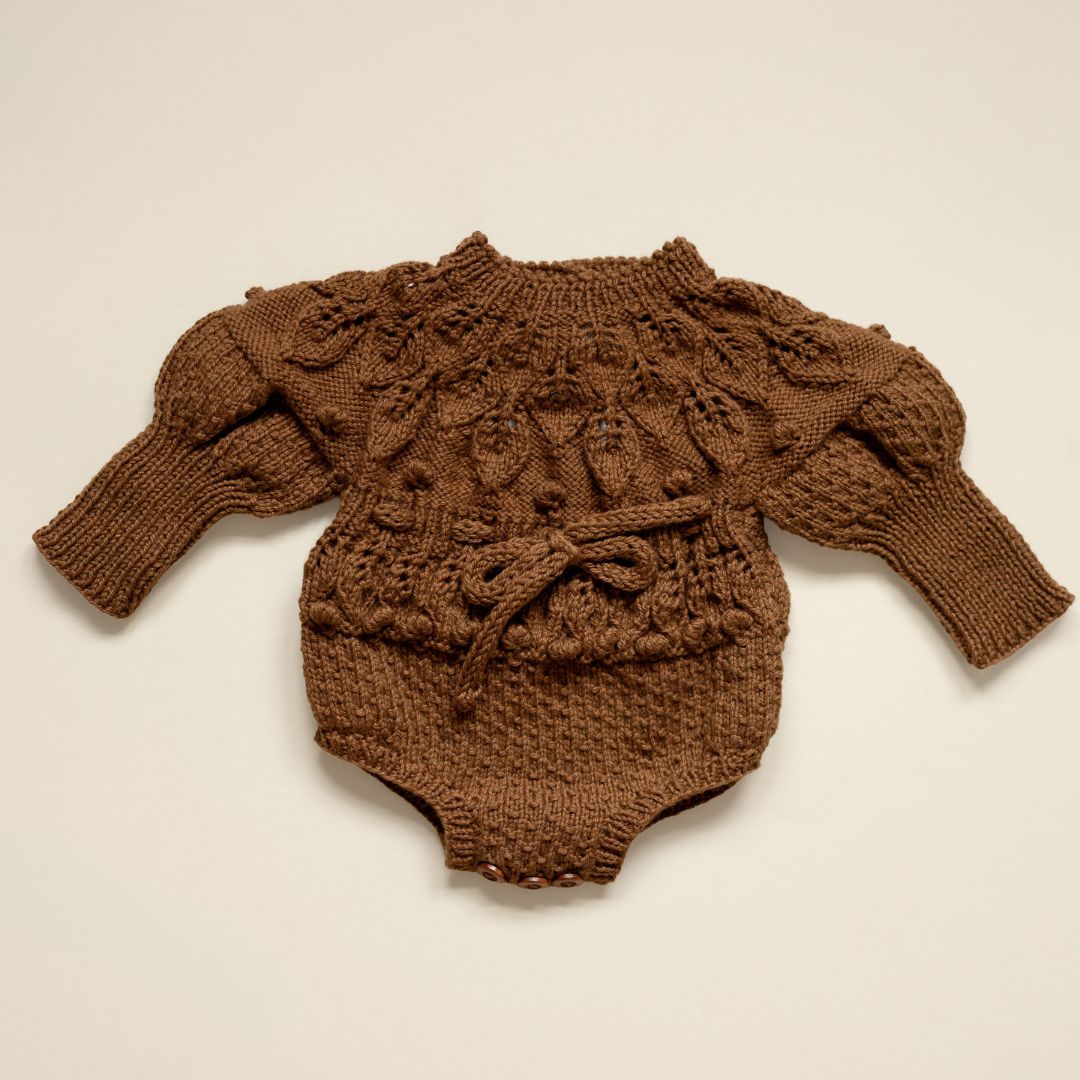 Shirley Romper in Chocolate Brown- Popcorn Stitch Knit Detail | JuneBee Baby