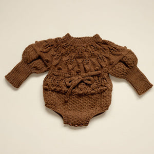 Shirley Romper in Chocolate Brown- Popcorn Stitch Knit Detail | JuneBee Baby