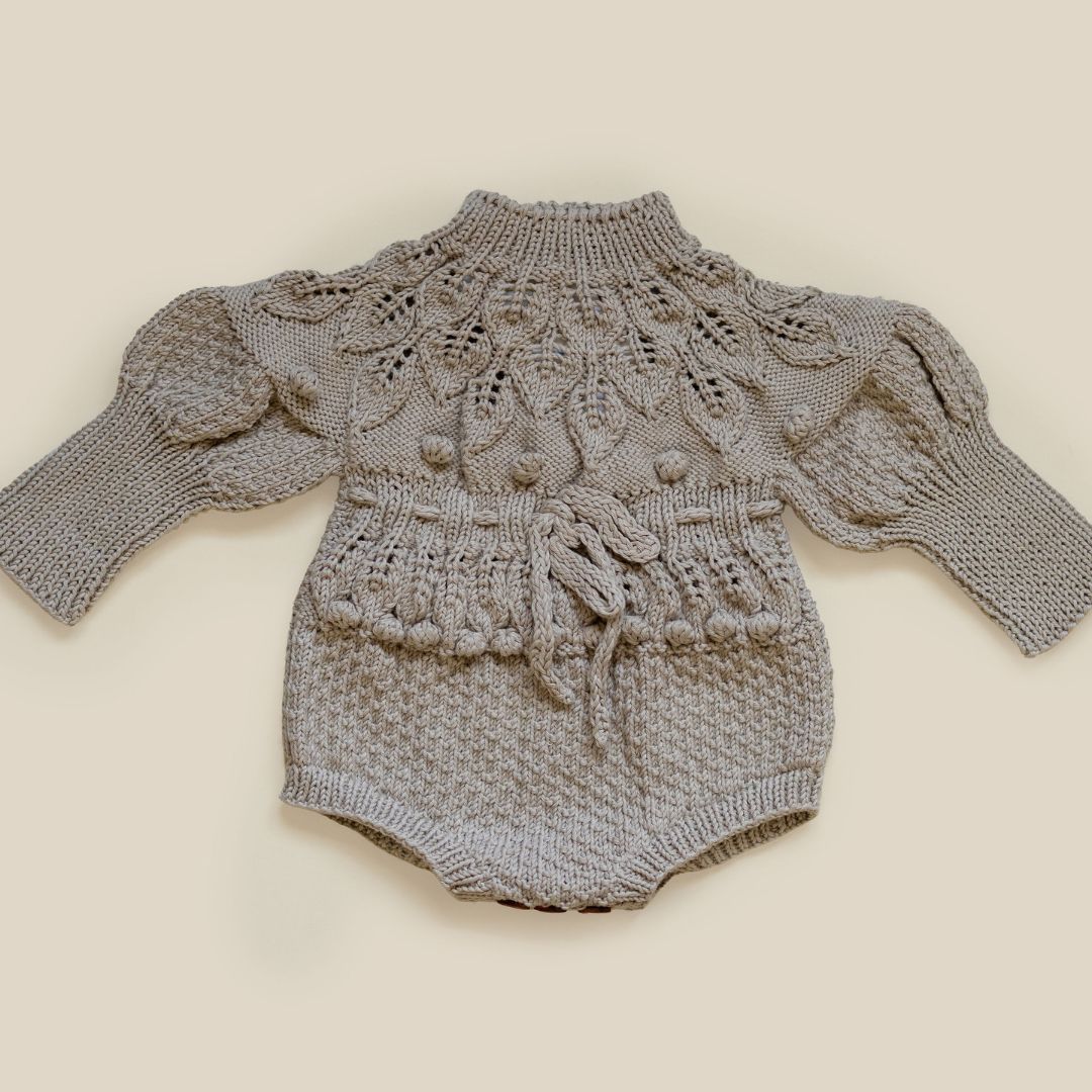 Shirley Romper in Light Clay - Handmade Baby Knit Romper | JuneBee Baby