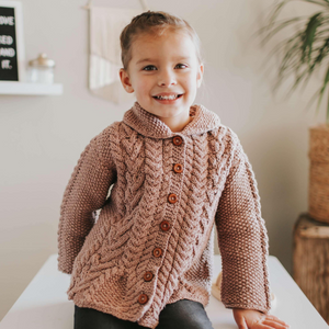 Ada Cardigan rosy brown detail view - artisan cable knit by JuneBee Baby
