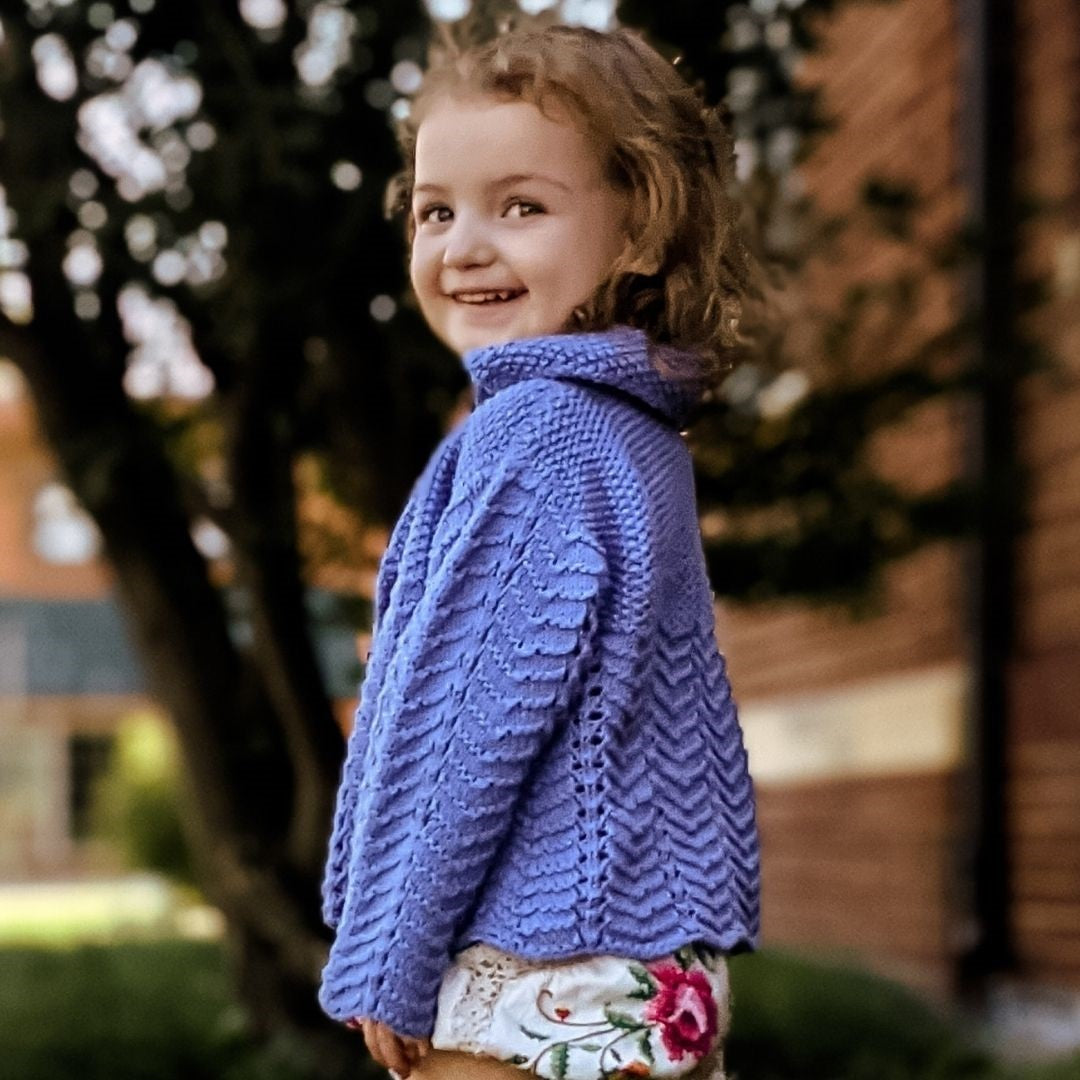Vintage lace knit baby cardigan in periwinkle with wooden buttons - Baby Diaries by JuneBee Baby

