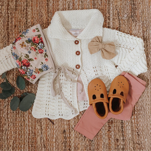 Handmade lace knit baby cardigan in cream - Baby Diaries by JuneBee Baby
