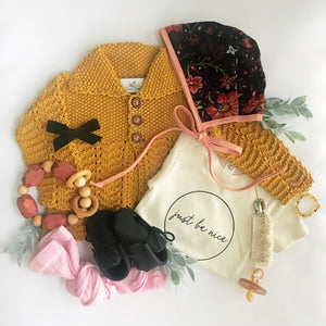 Handmade vintage lace knit baby cardigan in mustard - Baby Diaries by JuneBee Baby

