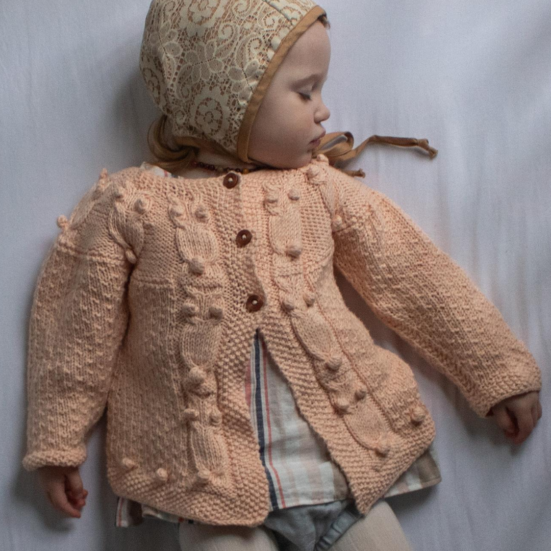 Baby Owl Cardigan in light peach - artisan knit owl cardigan by JuneBee Baby

