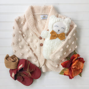 Bella Shawl Collar Cardigan ivory detail - artisan popcorn knit by JuneBee Baby
