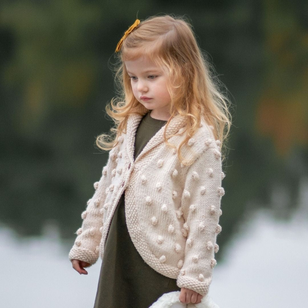 Bella Shawl Collar Cardigan in ivory - popcorn stitch cardigan by JuneBee Baby
