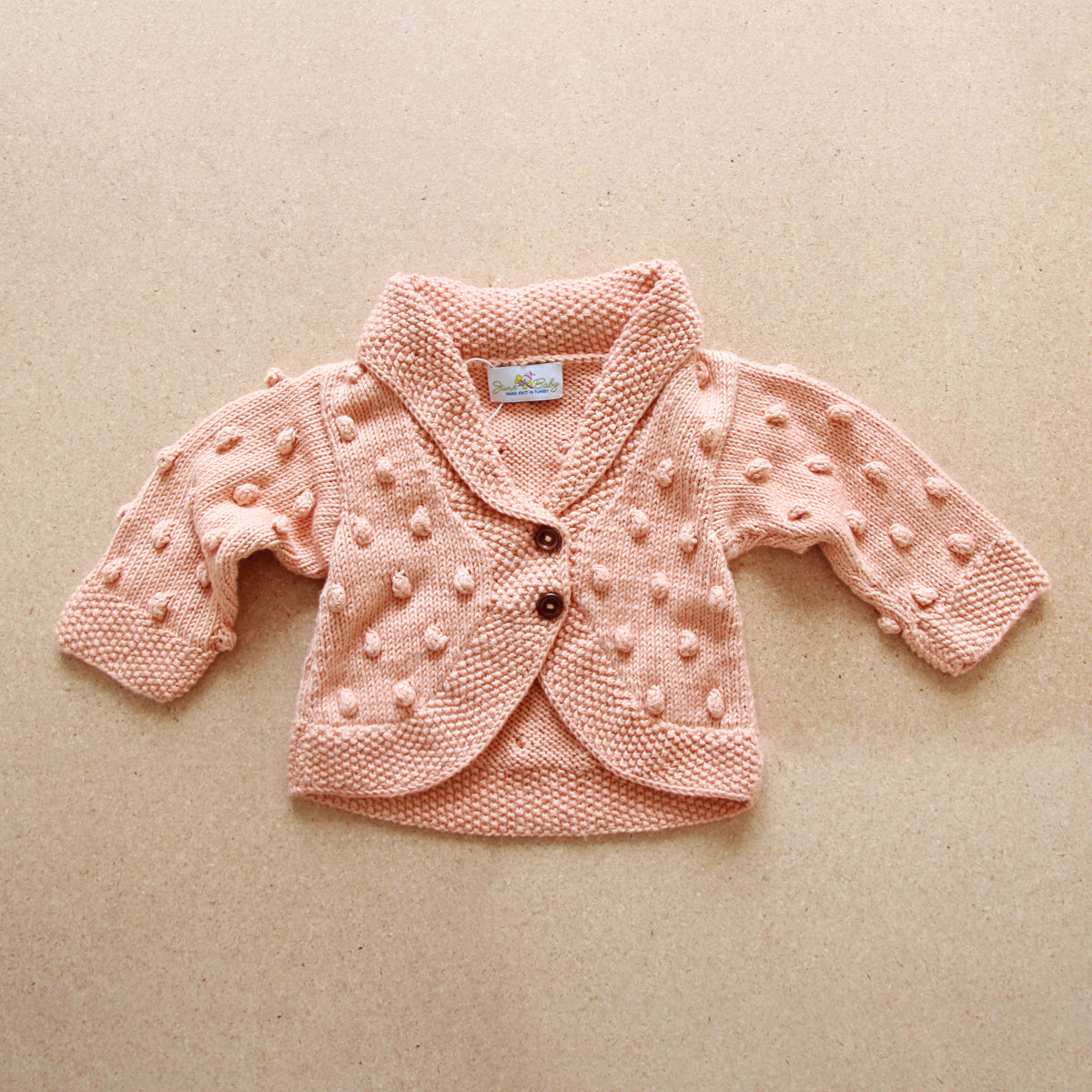 Handmade popcorn stitch shawl collar baby cardigan in peach - Bella by JuneBee Baby
