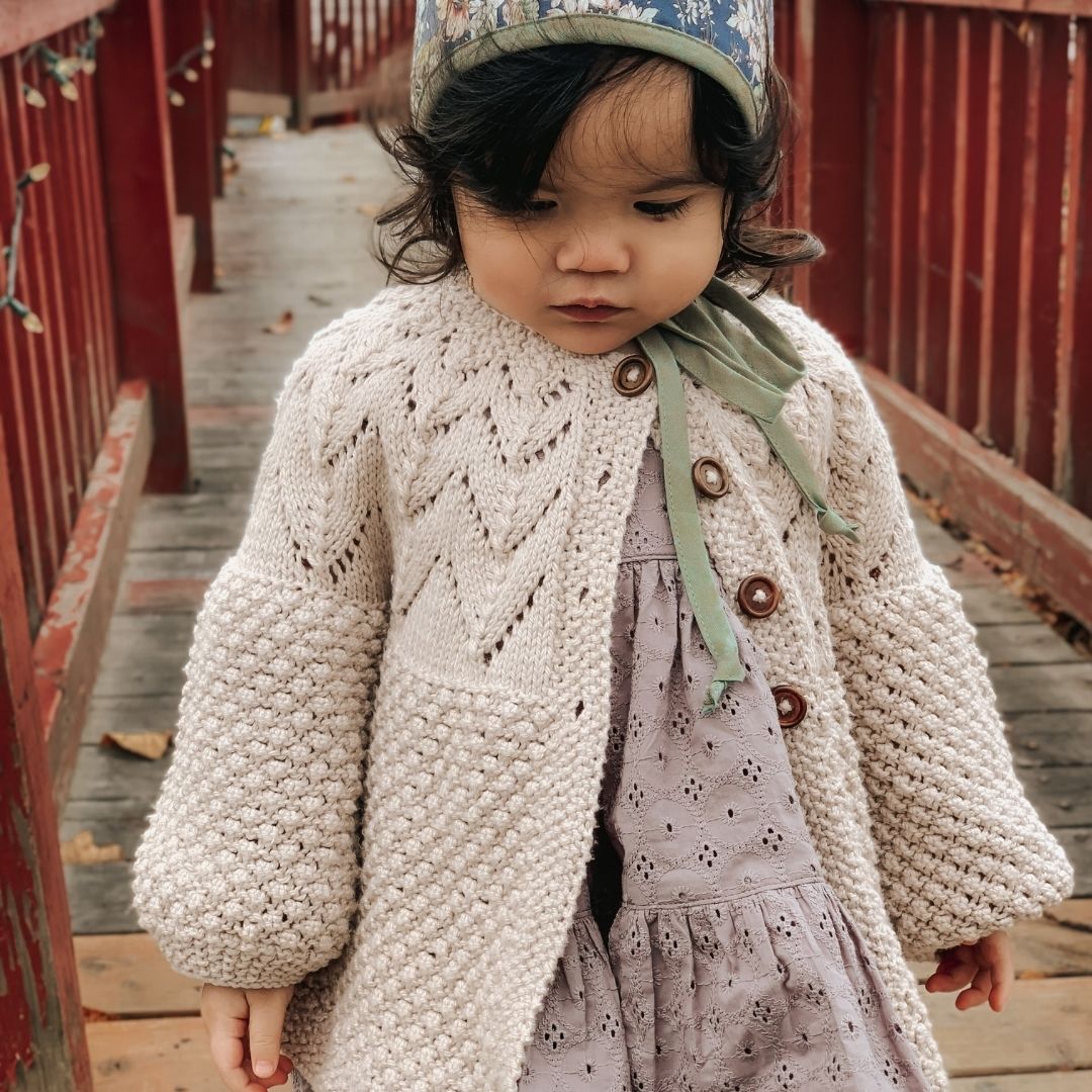 Bubble Cardigan ecru detail view - leaf lace yoke knit by JuneBee Baby
