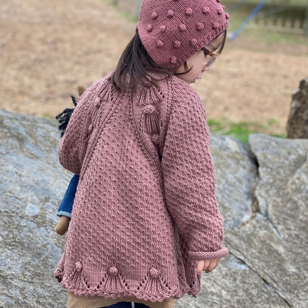 Mauve Christine Cardigan - hand knitted lace baby and women's cardigan by JuneBee Baby


