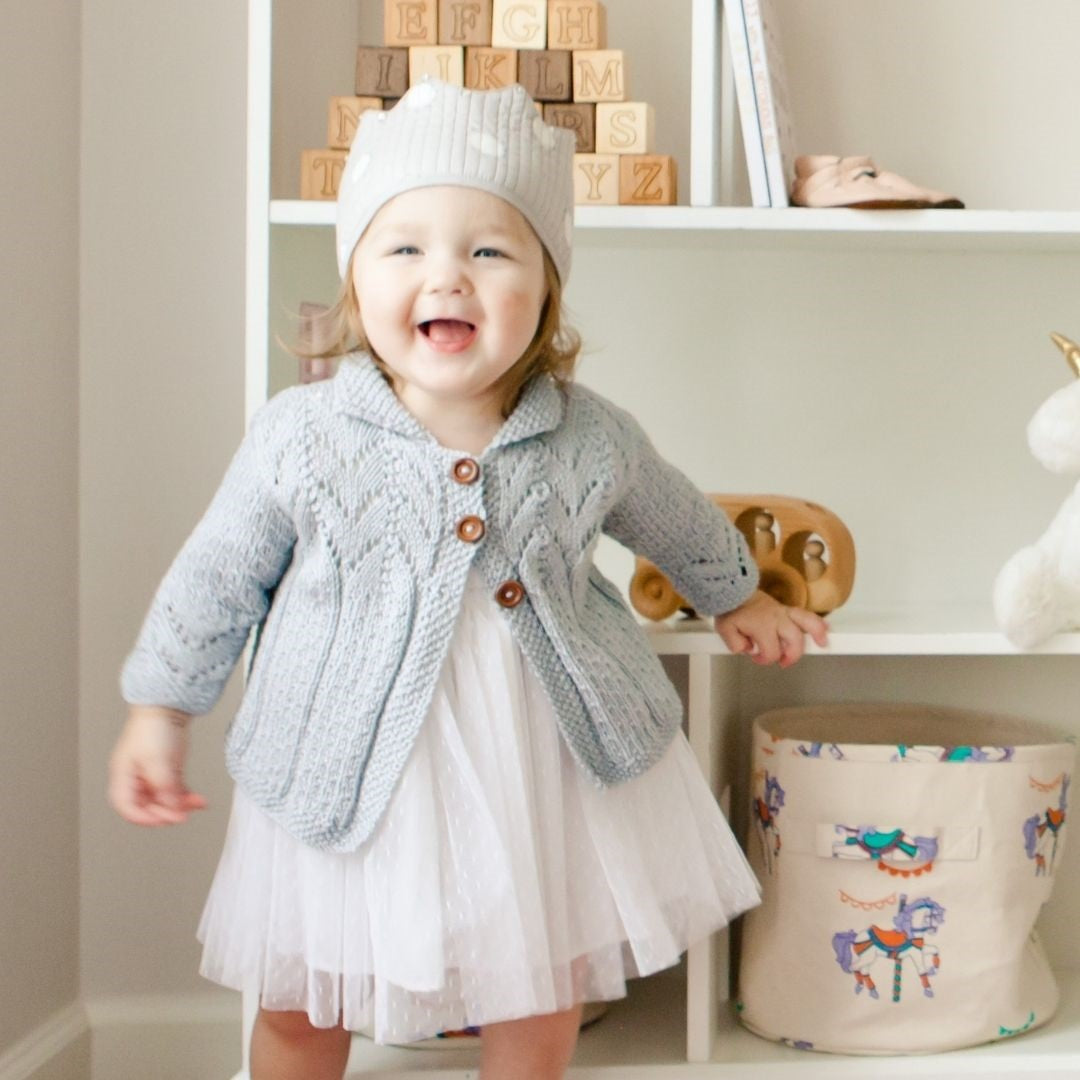 Hand-knit lace knit collared cardigan in Gray – made-to-order cotton bamboo baby & kids
