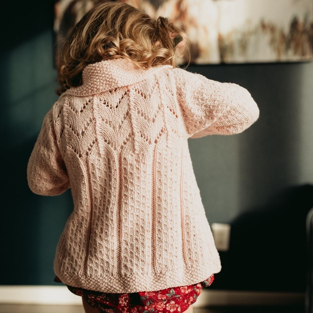 Hand-knit lace knit collared cardigan in Pink – made-to-order cotton bamboo baby & kids
